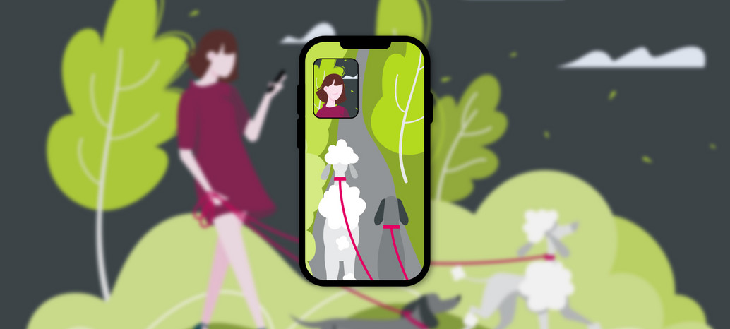 Eine Illustration einer Frau, die mit ihrem Pudel spazieren geht und dabei die App BeReal nutzt