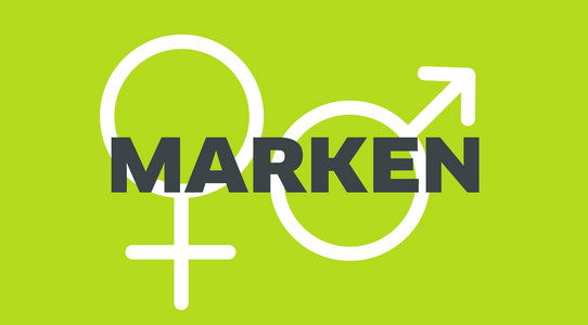 grüner Hintergrund darüber zwei Gender-Zeichen und vorne steht "Marken" in dunkelgrau