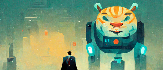 ein Roboter mit Tiger Gesicht und ein kleiner Mensch