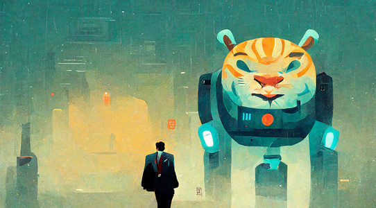 ein Roboter mit Tiger Gesicht und ein kleiner Mensch