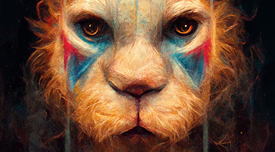 Gesicht eines Löwen mit blauen und roten Farbklecksen
