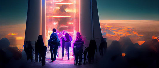 KI generiertes Bild von Menschen die in ein beleuchtetes Raumschiff gehen