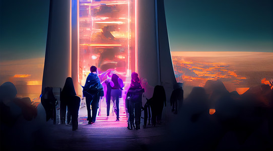 KI generiertes Bild von Menschen die in ein beleuchtetes Raumschiff gehen