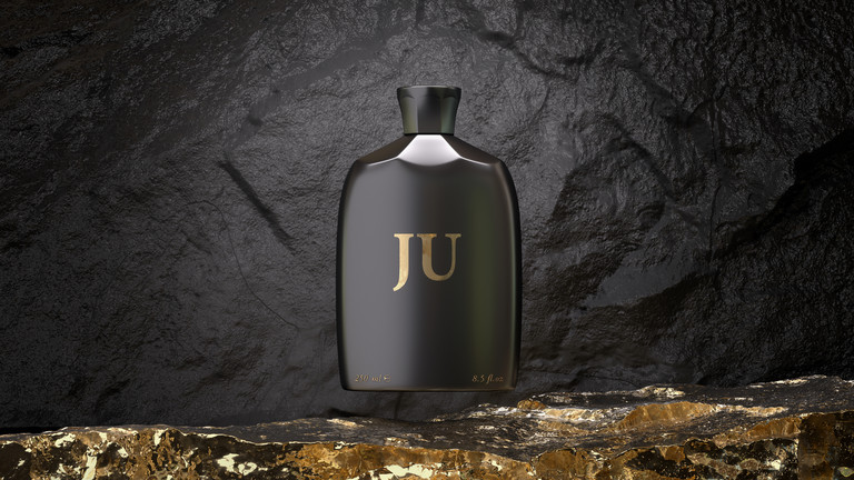 3D-Visualisierung eines schwarzen Parfum-Flacons mit den Initialen JU