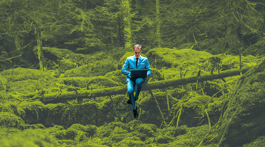 ein Mann in blauem Anzug sitzt auf einem umgefallenen grünen Baum