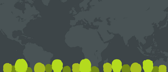 eine Gruppe von grün dargestellten Menschen steht vor einer Weltkarte