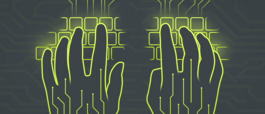 Roboterähnliche Hände tippen auf einer Tastatur