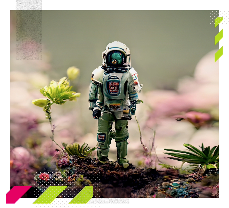 ein Astronaut in einem Blumenbeet